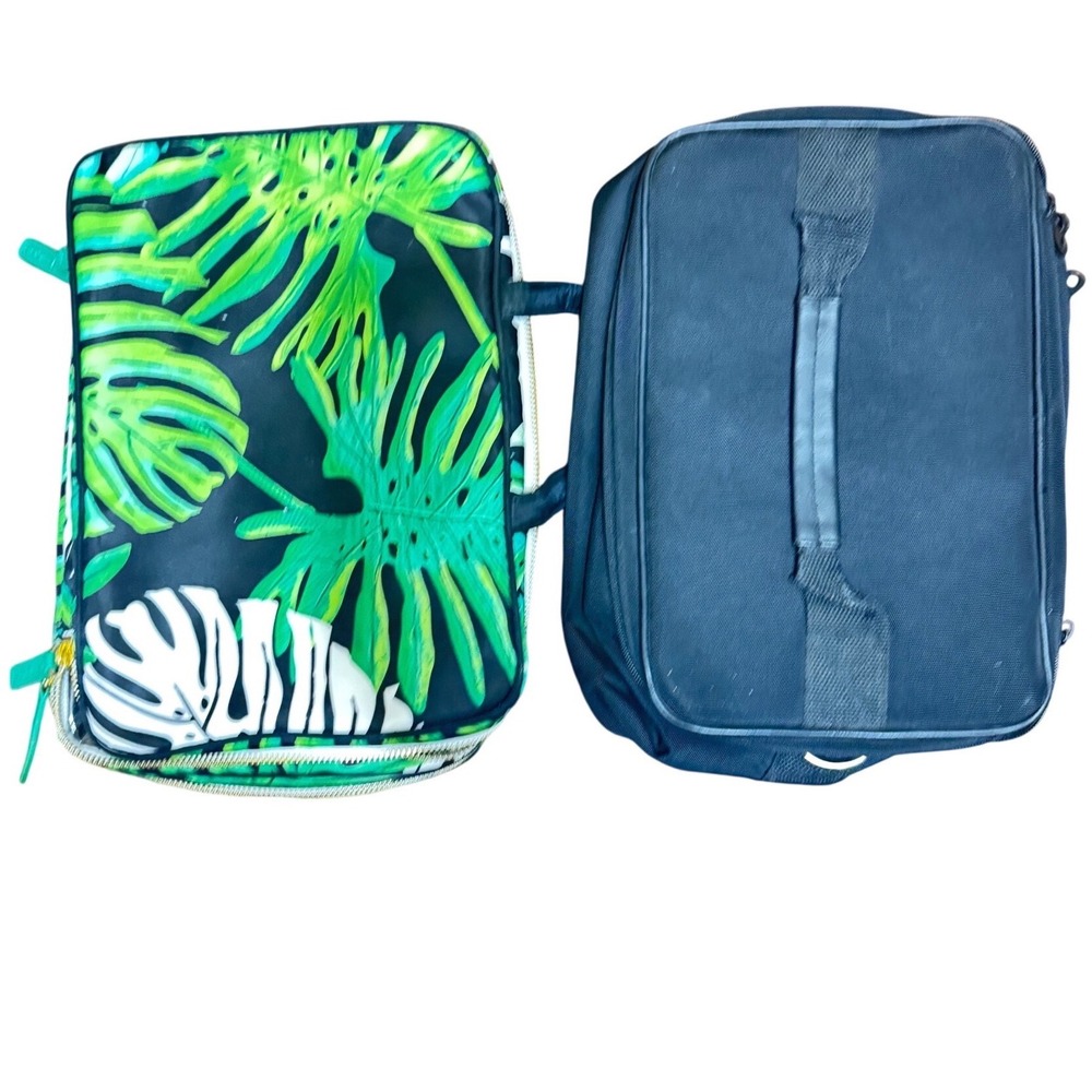Modella Black‎ Plaid & Tropical Palm Leaf Travel Toiletry Cosmetic Bag 2pc